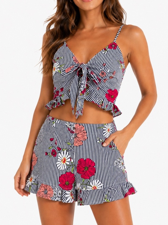 Trac Pants - TRAC Floral Stripe Two Piece Set Ruffle Shorts & Tie Front Crop Top S